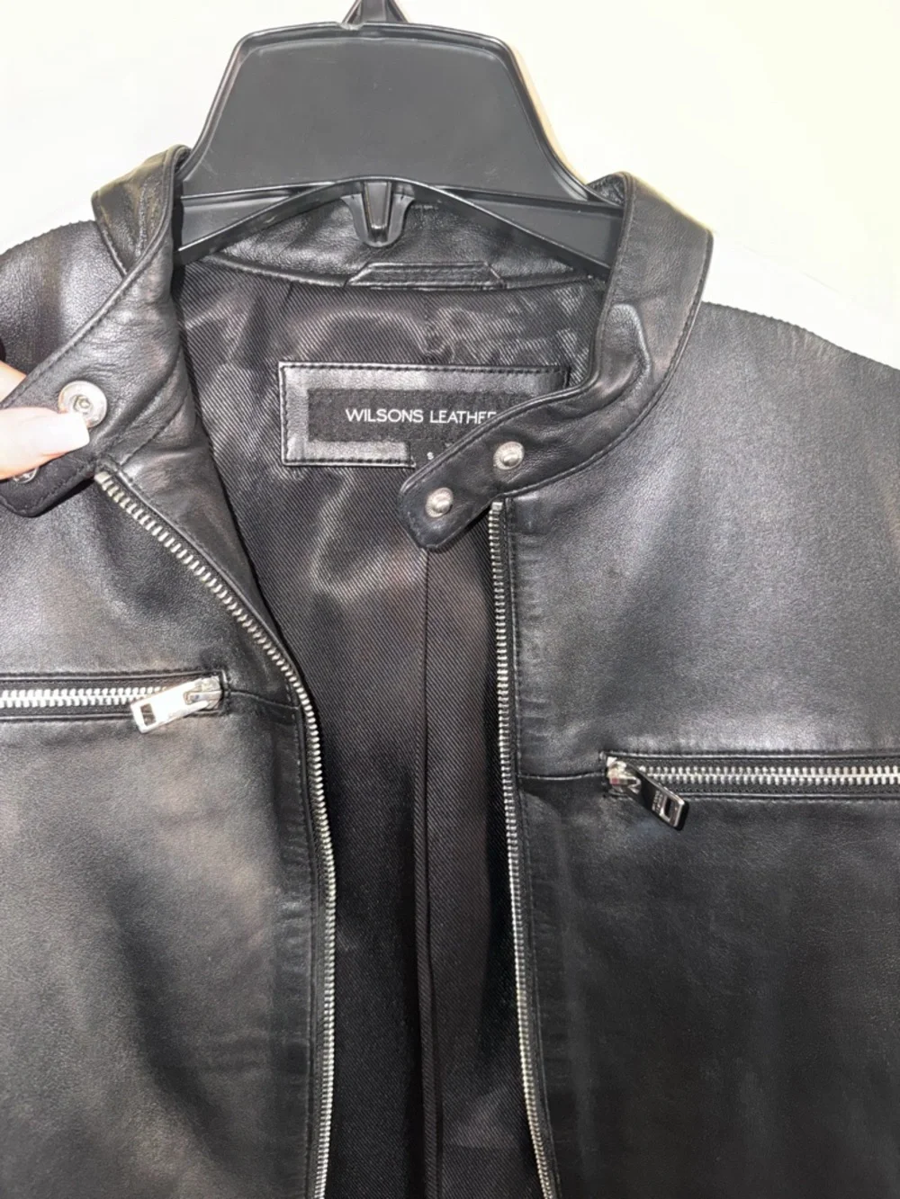 Wilsons Leather Black Leather Jacket with White Sleeve Stripes - Picture 4 of 10